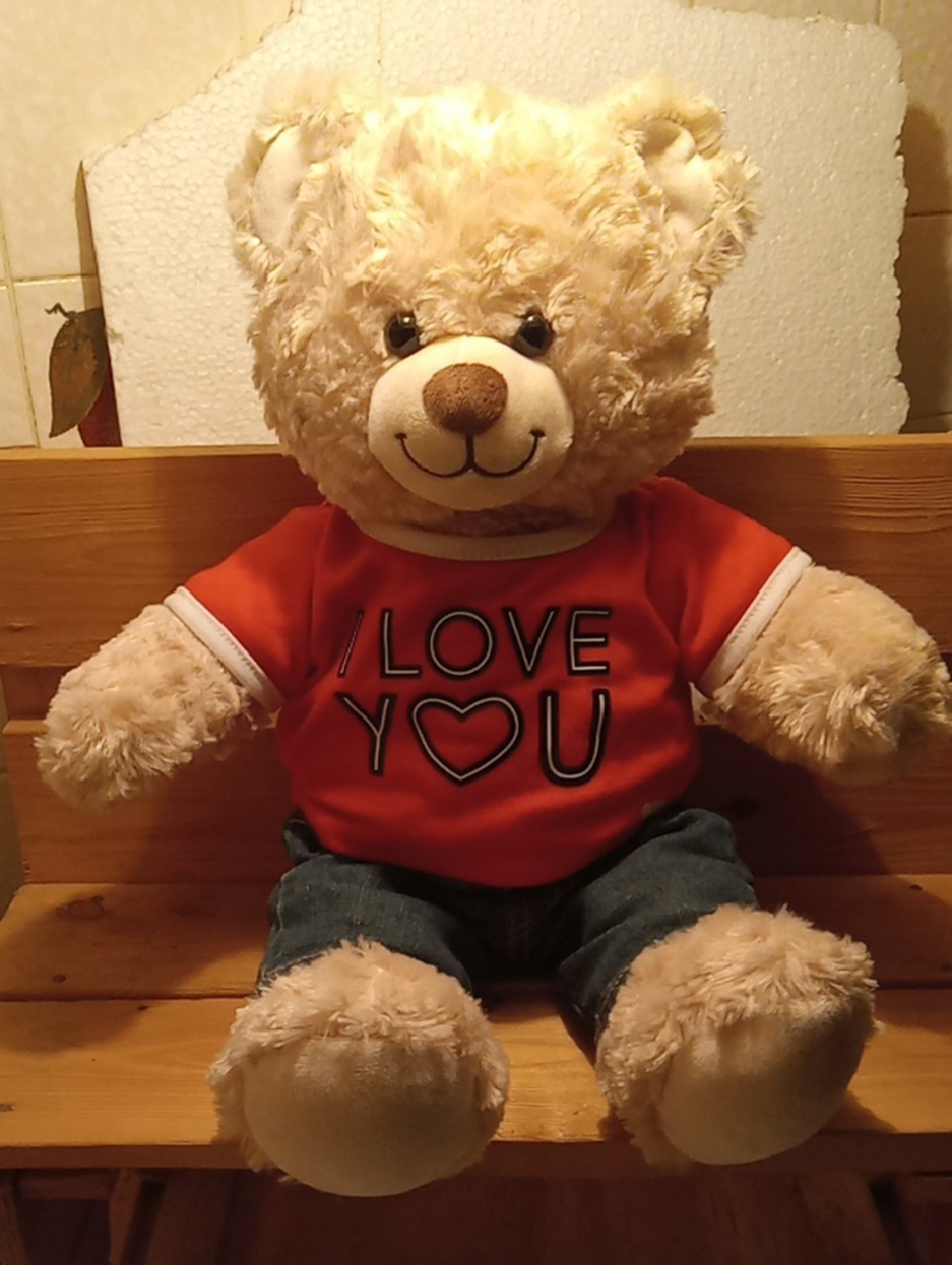 Build-A-Bear Teddy Bear Dressed In A Love You T-shirt And Blue Denim Pants 16"